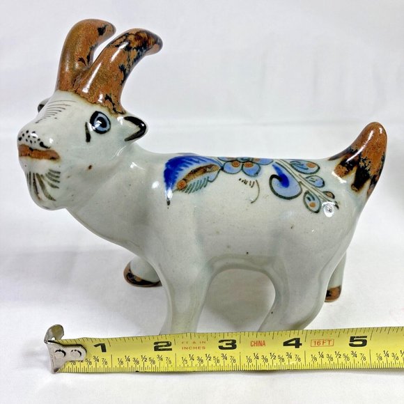 Tonal El Palomar Mexico Pottery Horned Billy Goat Figurine Floral Blue Butterfly - Picture 13 of 14